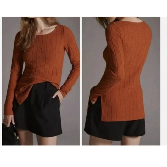 By Anthropologie Womens Ribbed Side-Slit Tunic Size Small Rust Orange Cozy Knit - Picture 1 of 7